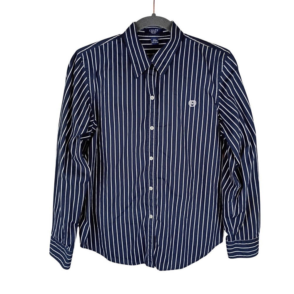 Chaps Navy Blue White Striped Button Down Shirt Petite Large Cotton Long Sleeve